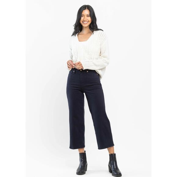 Judy Blue Denim - Judy Blue High Waist Tummy Control Garment Dyed Wide Leg Crop Navy Denim Jeans
